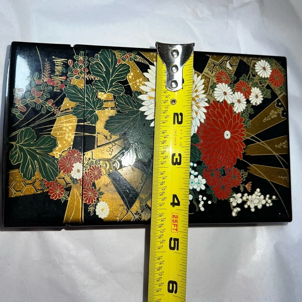Vintage Naiman Marcus Compact Mirror Chrysanthemum Design Black Floral